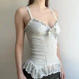 Fongt Desire Sexy Wind Wood Ear V Collar Sling Female Bow Chest Knit Mesh Splicing Vest-Outfit