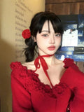 Red 3D Flower Off-Shoulder Long Sleeve Top-Outfit