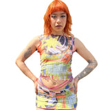 2024 Round Collar Collar Head Sleeveless Print Wood Ear Exposed Umbilical Women's Screen Top