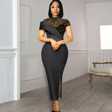 Fongt Large-Size New Round-Neck Lace Retro Dress Lotus Side Short-Sleeved Performance Costume Blackdress