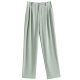 High Waist Straight Long Trousers Loose Waist Full-Length Panst Office Lady Solid Spring Pleated Grey