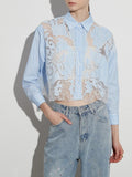 Fongt Stripe Retro See-Out Top Embroidery 2024 Autumn New Shirt Lace Female Short Style Advanced Sense-Outfit