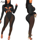 Sheer Mesh Patchwork Hollow Out Jumpsuit Women Sexy Twist Straps Mock Neck Long Sleeve Skinny Overalls Slim Club