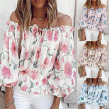 Off-shoulder Chiffon Blouse Street Women's Loose Printed Long-sleeved T-shirt