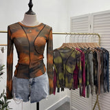 Spring Slim Women See-through Irregular Patchwork Mesh T-shirts Girls O-neck Full Sleeve Sheath Thin Crop Tops-Outfit