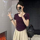 New Summer Design Feel U-Collar Short-Sleeved T-Shirt Women Fold Slim Look Thin Inside A Solid Color Short-Style