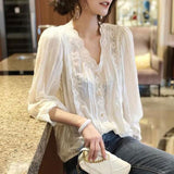 Wind Solid Color Lace Spliced Shirt Spring Autumn Long Sleeve Women's Hollow Out Chic Pearl Button Korean V-Neck Blouse-Outfit