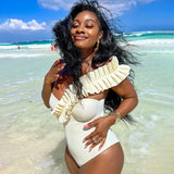 Sexy Ruffles Slant Shoulder Cut Out Bodysuits Women Sleeveless Solid White One Piece Rompers 2022 Summer Beach Holiday