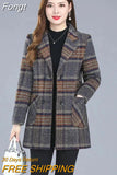 Middle-aged Women's Coats Fashion Grid Woolen Overcoat Female Autumn Winter Wool & Blends Pockets Elegant Woman Jackets