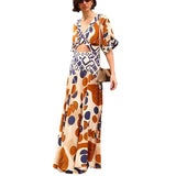 Fongt Women's Clothing V-Neck Waist-Print Dress Two-Piece Splicing Fashion 8067