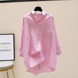 Fongt Spring And Autumn New Han Fan Literature And Arts Front Short And Rear Long Shirt Women Long Striped Shirt Casual Coat