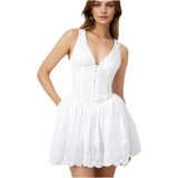 White Embroidery Hook V-neck Mini Dress-Outfit