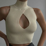 Fongt Women's Autumn New High Neck Sleeveless Chest Hollow-Out Design Knit Fabric Thread Short Vest-Outfit