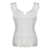 Fongt Sweet Girl Wind Flounce Splicing Vest New V Collar White Slim Single Breasted Top-Outfit