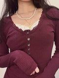 Solid Lace Trim Breasted Long Sleeve Knit-Outfit