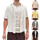 Fongt Summer New Men's Casual Knit Cardigan White Short Sleeve Jacket Men's Shirt Hollow Out Men's