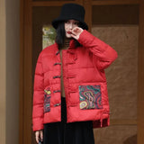 Chinese Wind Short Down Jacket Female Winter New Plate Buckle National Wind Printing Warm White Duck Down Warm Coat Large Size-Outfit