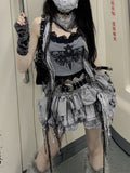 Sweet Lace Slim Fit Camisole Tops Women+ Y2k Kpop High Waist Ruched Cake Skirts 2024 Summer New Two Piece Sets-Outfit