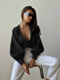 Sleeve Lady Shirt 2024 Summer Lazy Temperament Commuting Versatile Round Collar Lantern Sleeve Shirt-Outfit