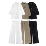 Fongt Women's Explosive Linen Long-Sleeved V-Neck Casual Shirt + Linen Mid-Rise Wide-Legged Trousers