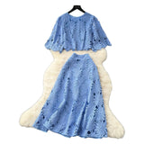 Fongt High-End Squeal Hook Lace Set Women's Summer Fashion Short Horn Sleeve Shirt High Waist Half-Dress