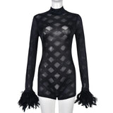 Patchwork Playsuits Women Solid Plaid See Through Full Sleeve With Feather Skinny Jumpsuits Female Hipster Streetwear-Outfit