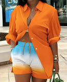 Spring Summer Fashion Printing Two Piece Set Women Casual Button Shirt Drawstring Short Sleeve Two Piece Set Women-Outfit