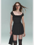 Black Pleated Strap Mini Dress-Outfit