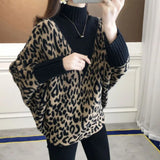 Women's Clothing Batwing Sleeve Leopard Sweaters Autumn Winter New Thick Half High Collar Spliced Loose Knitted Jumpers Female-Outfit