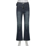 Dark Y2k Low Waist Punk Do Old Women Jeans Punk Gothic Fall Flare Denim Pants With Sashes Gothic Eyelet Patchwork