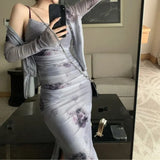 Rose Tie Dyed Slim Fit Strap Dresses+ Y2k E-Girl Long Sleeve Sun Protection Tops Women 2024 Summer Two Piece Sets-Outfit