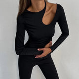 Fongt New Irregular Hollow Long Sleeve T-Shirt Women's Round Collar Solid Color Slim Bottom Top-Outfit