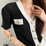 V-neck Cardigans Femme Short Sleeve Sweater Single Breasted Ropa Mujer Korean Simple Knitwears Summer 2024 Sueters-Outfit