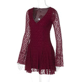 Lace Long Sleeve Hollow Out V-Neck Mini Dress-Outfit