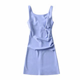 New Pleated Vest Dress Summer Women's Solid Color Square Collar Sleeveless Hip Skirt-Outfit