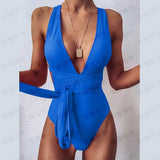 Solid Red One Piece Swimsuit Women Push Up Lace Up Bandage Bodysuit Brazilian Deep V Neck Backless Bathing Suit