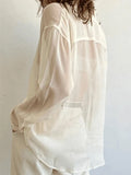 Button Front Semi Sheer Long Sleeve Blouse-Outfit