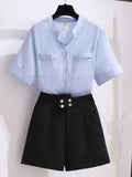 Women 2 Pieces Shorts Sets Summer Sweet Korean Bow Collar Tops And Shorts 2 Pieces Sets Women Clothing Two Pieces Outfits