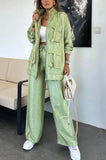 Fongt Women's Straight Trousers Two-Piece Solid Fashion Long-Sleeved Jacket Three-Dimensional Pocket 3035