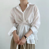 Fongt Chic Simple Temperament Lapel Single Breasted Irregular Tie With Waist Thin Long Sleeve Anti-Sai Shirt Jacket-Outfit