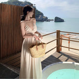 Fongt Holiday Style Hanging Neck Tie With Open Back Sexy Halter Dress Hollow Out High Waist Temperament Long Skirt Summer-Outfit