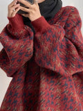 Houndstooth Crew Neck Knit Sweater-Outfit