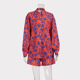 Shirt Set 2024 Summer Fashion Casual Orange Bamboo Leaf Printed Shirt And Shorts Set-Outfit