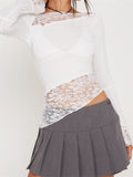 Lace Floral See Through Patchwork T-shirts Tops for Women Long Sleeve O-neck Slim Fit Irregular Hem Tees Shirts 2023-Outfit
