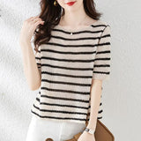 Striped Stylish Hollow Out Knitted T-shirt Female Clothing Casual O-Neck All-match Summer Commute Short Sleeve Pullovers-Outfit