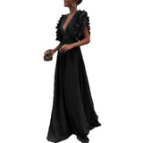 Sleeves Mid Waist V-neck Backless Solid Color Long