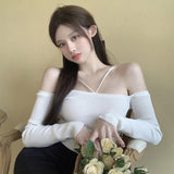Women Halter Sweater Slim Off Shoulder Long Sleeve Top Female Black Knitted Short Tops Solid All-match Girl Crop Sweaters-Outfit