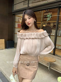 Fongt Xixi 2025 Autumn White Standard French Temperament Cloud Out-Shoulder Design Chiffon Long Sleeve Top 89488