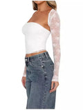 Women's New Sexy Perspective Lace Dress Two Sets Of Long-Sleeved Top T-Shirt Two