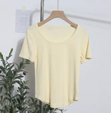 Solid Color Irregular U-Neck Short-Sleeved T-Shirt Woman Xia Slimming Leisure Short Coat